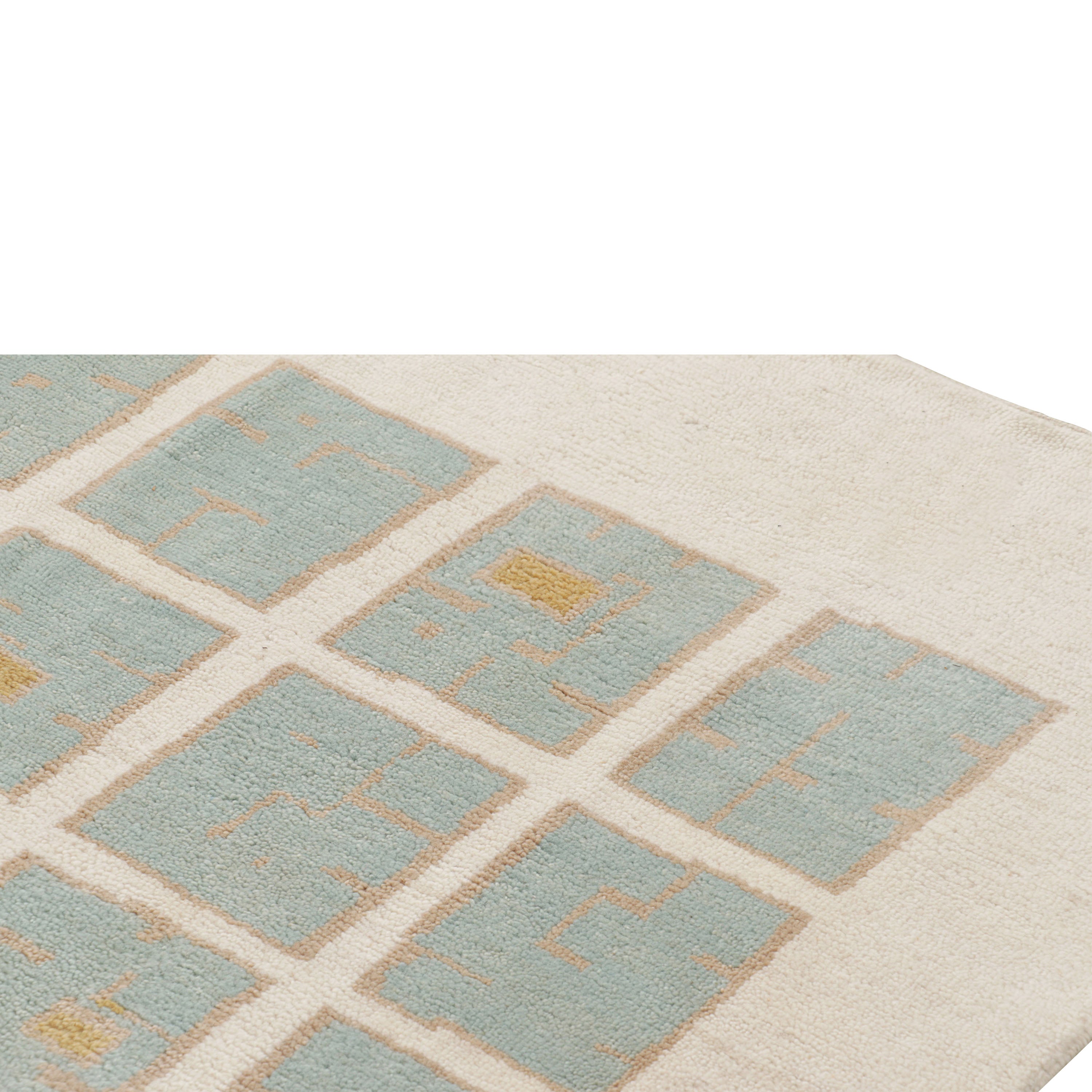 Blue and Cream Contemporary Scandinavian Wool Rug - 6'1" x 8'11"