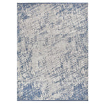 Rectangular distressed area rug with abstract blue and beige pattern.