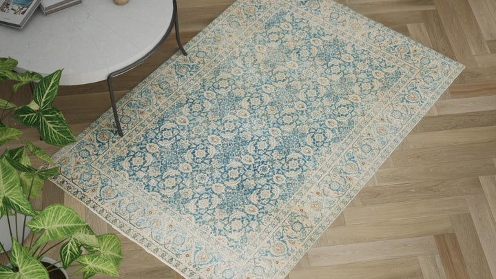 Blue Sabideh Traditional Turkish Vintage Rug - 4'5" x 6'6"