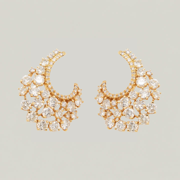 18k Yellow gold and Diamond 3-row crescent earrings