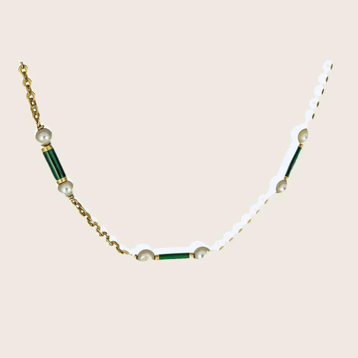 Vintage Pearl and Green Enamel Necklace