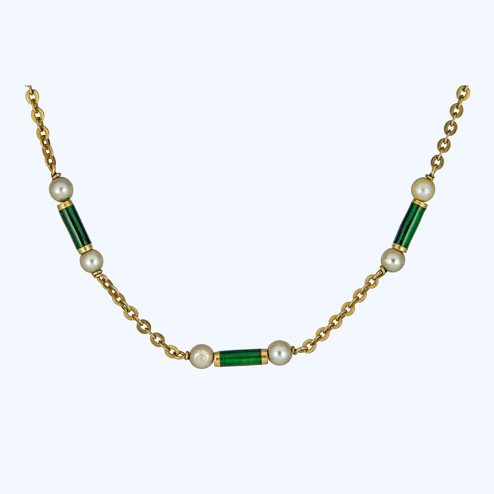 Vintage Pearl and Green Enamel Necklace
