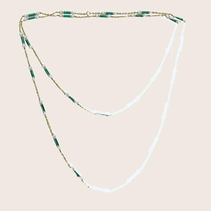 Vintage Pearl and Green Enamel Necklace