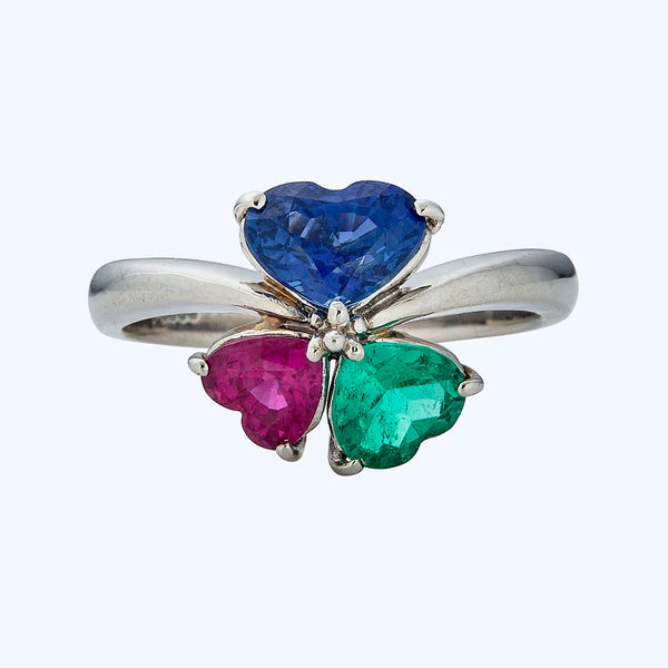 Platinum heart-shaped sapphire, ruby and emerald ring