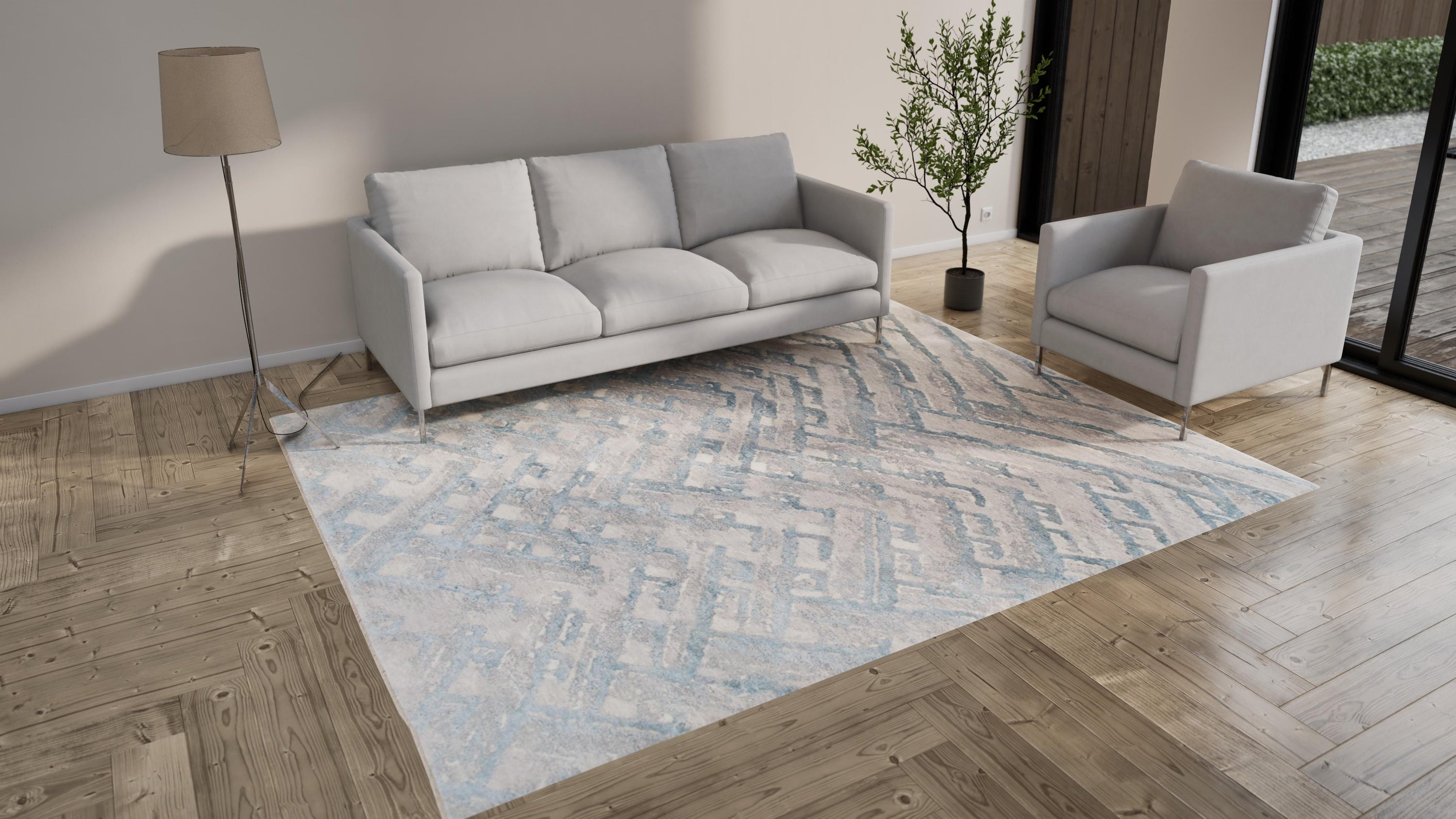 Blue Modern Wool Silk Blend Rug - 8' x 10'1"