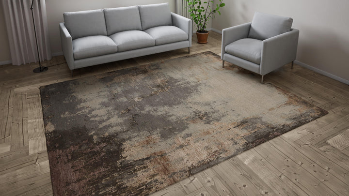 Brown Abstract Modern Wool Silk Blend Rug - 8' x 10'