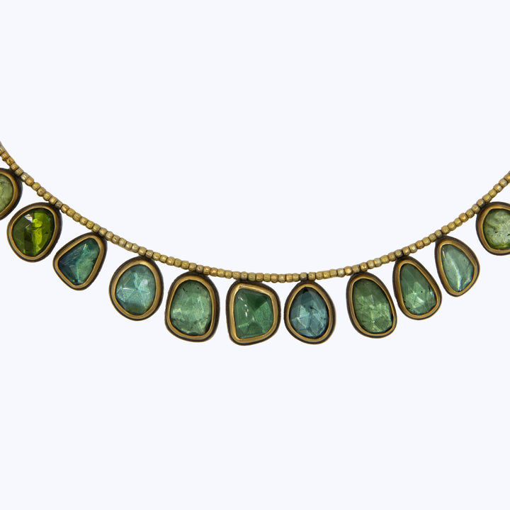 Rosecut multi green/blue tourmaline necklace, 22k bezel, 20k beads
