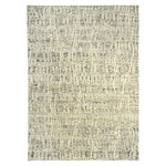 Rectangular rug with abstract pattern in muted cream and gray.