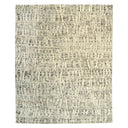 Modern abstract rug with white linear markings on neutral background.