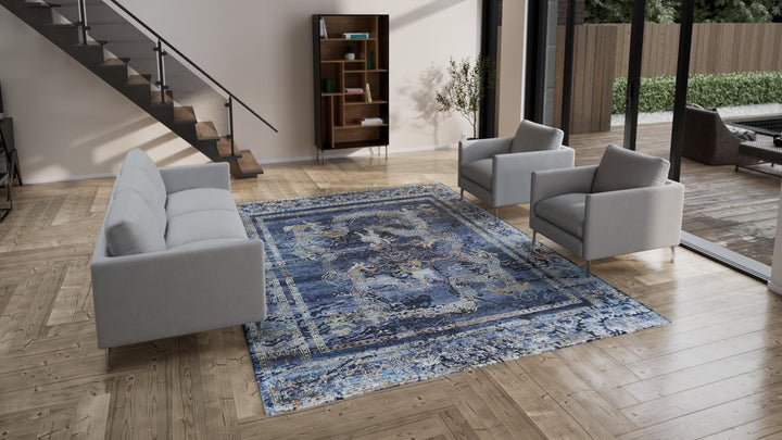 Blue Nu Vibrant Modern Tibetan Silk Rug - 9' x 12'2"