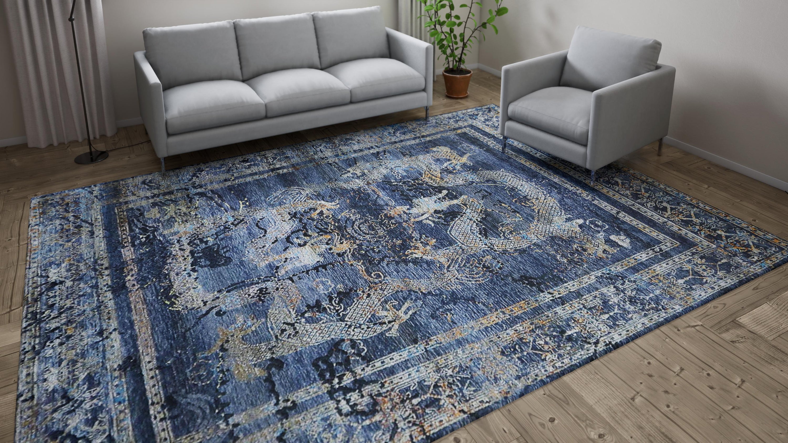 Blue Sabideh Nu Vibrant Modern Tibetan Silk Rug - 9' x 12'2"