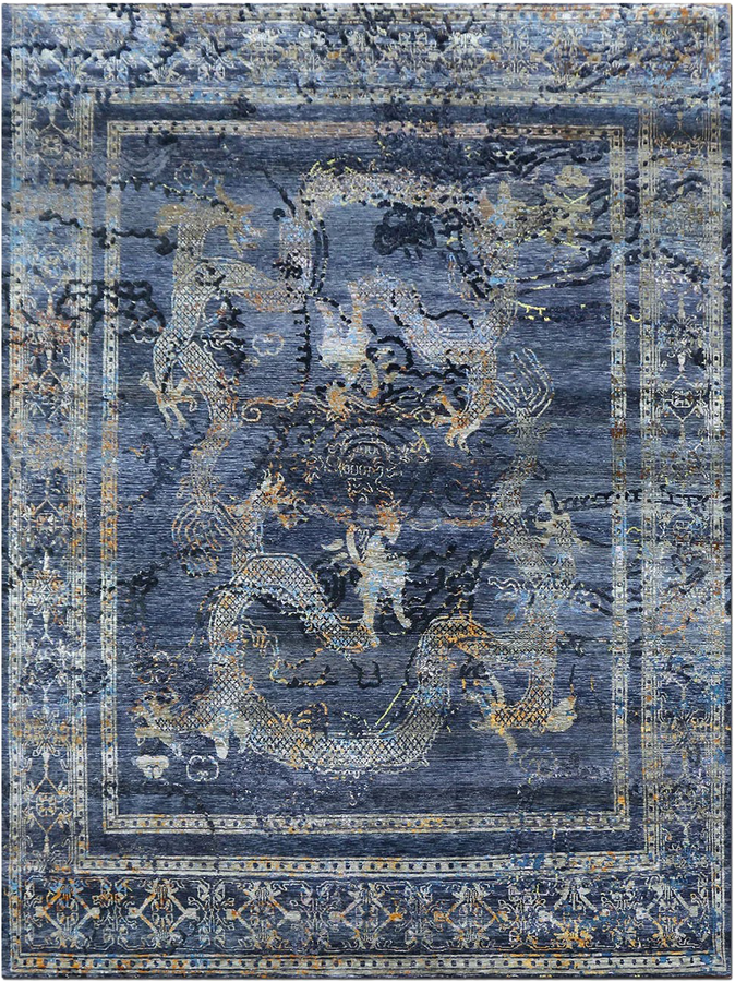 Blue Modern Silk Rug - 9' x 12'2
