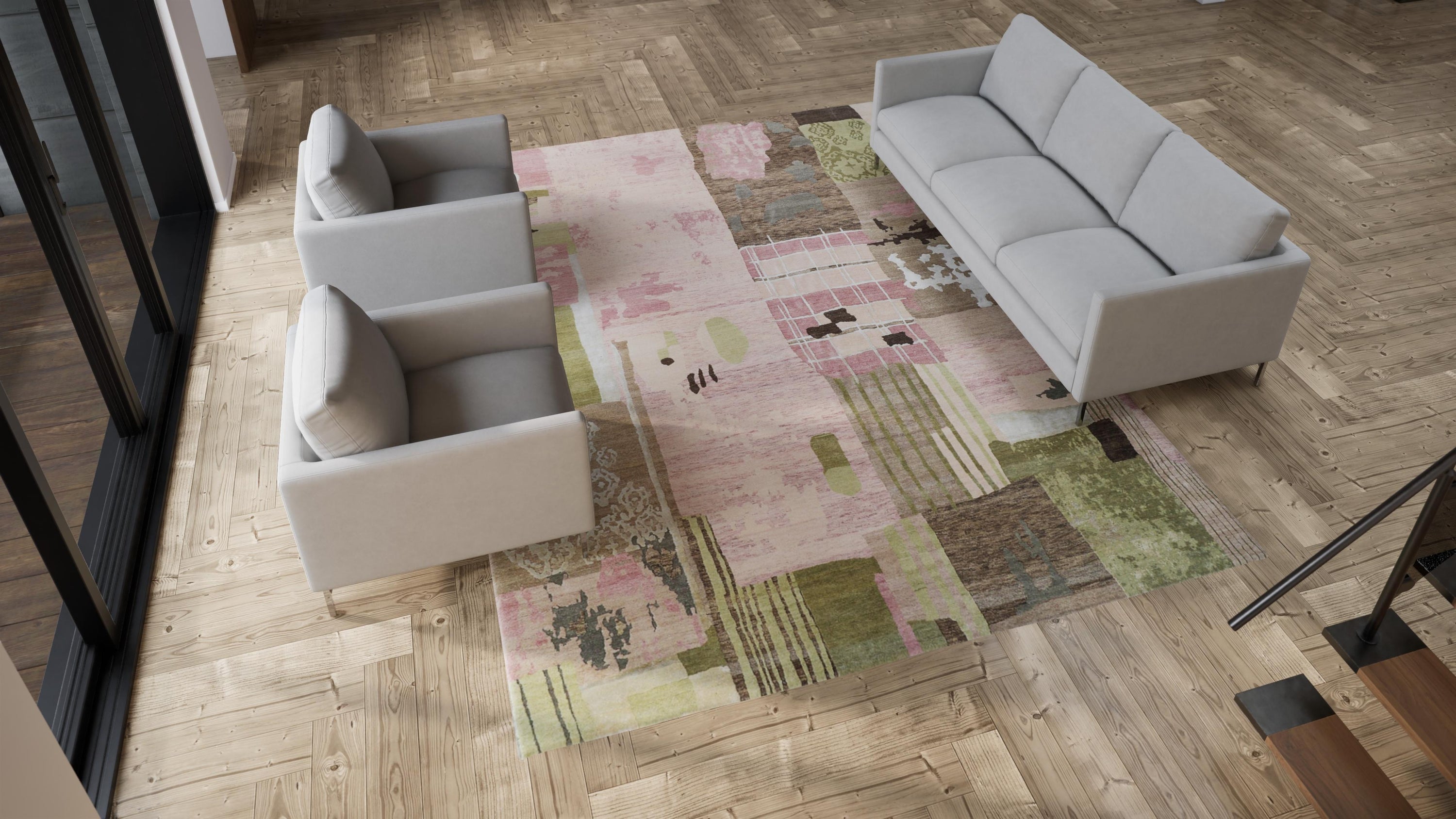 Pink & Green Modern Wool Rug - 8'11" x 12'2"