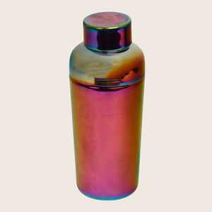 Iridescent stainless steel insulated bottle with multicolored metallic finish.