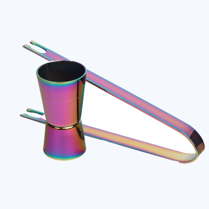 Iridescent jigger for cocktail making with dual measuring ends.