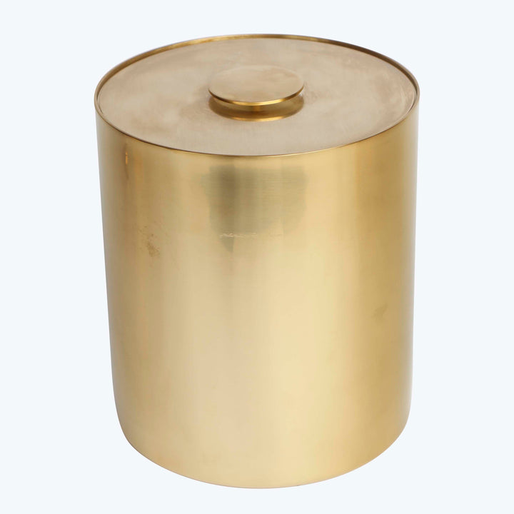 Golden cylindrical container with lid, elegant and modern design.