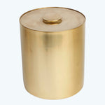 Golden cylindrical container with lid, elegant and modern design.