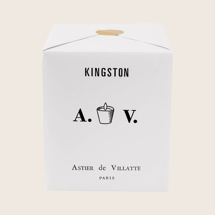 Minimalistic white box with KINGSTON and candle icon design.