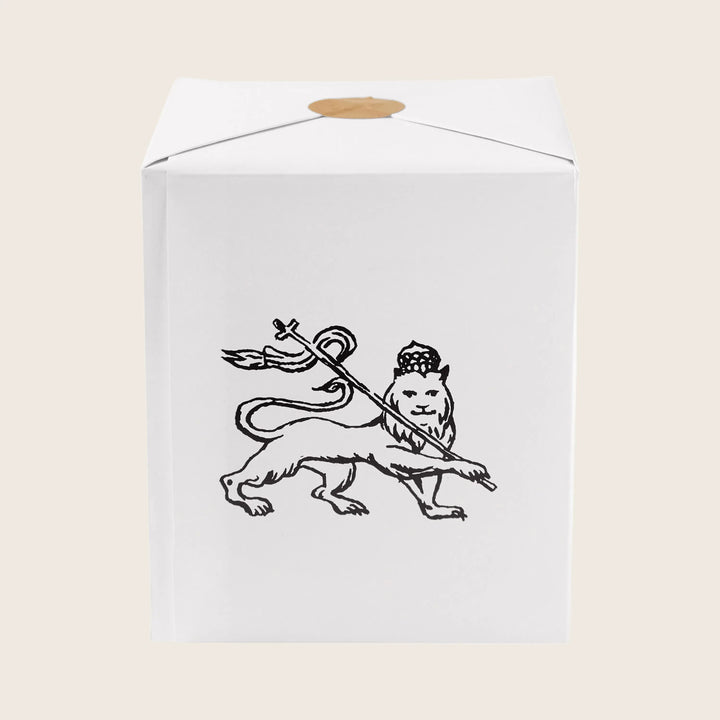 Mythological creature drawing on white takeout box, Asian food container.