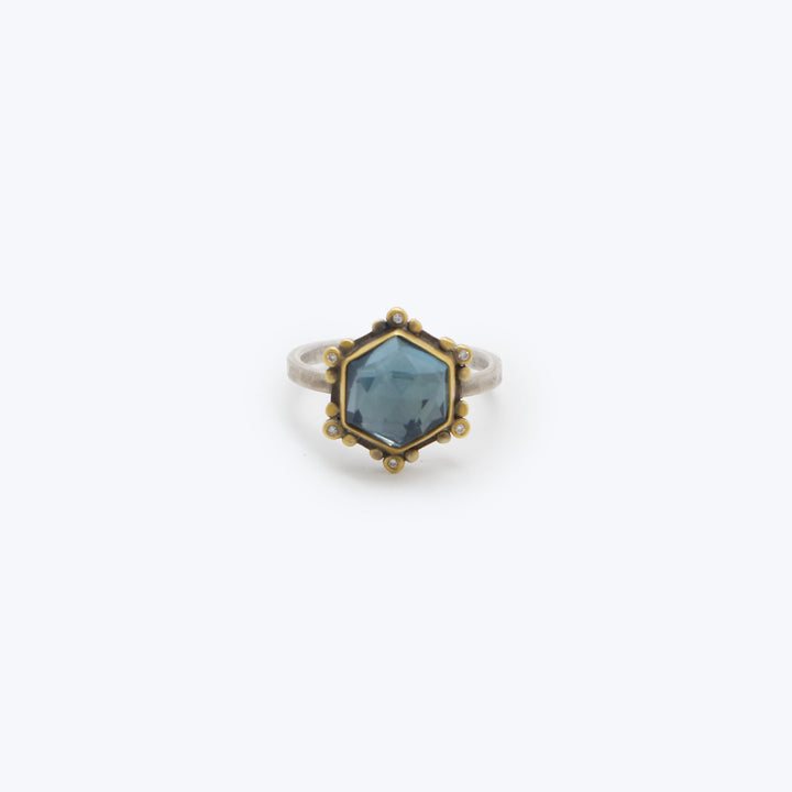 Event - Rosecut London blue topaz hexagon ring, 22k bezel, 6 diamonds Default Title