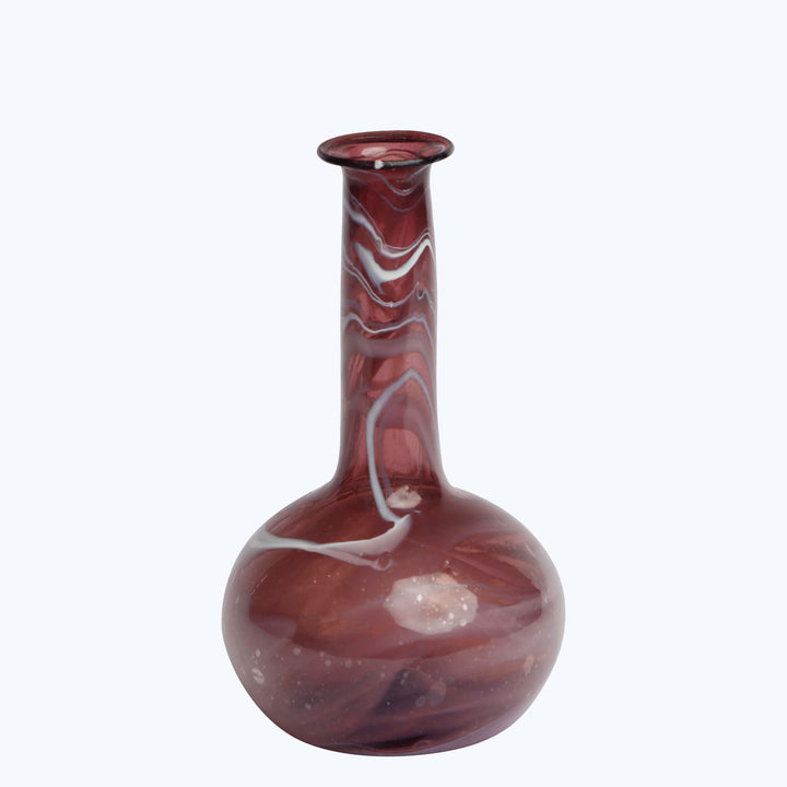 Hand-blown glass vase with red and white marbled design.