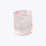 Delicate pink faceted crystal with geometric symmetry and stepped design.