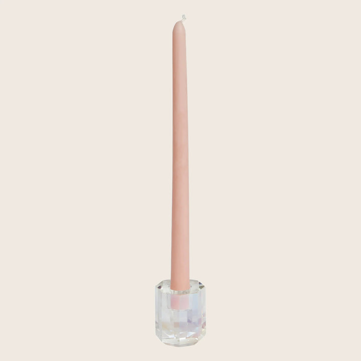 New pink taper candle in luxurious crystal holder, unlit wick.