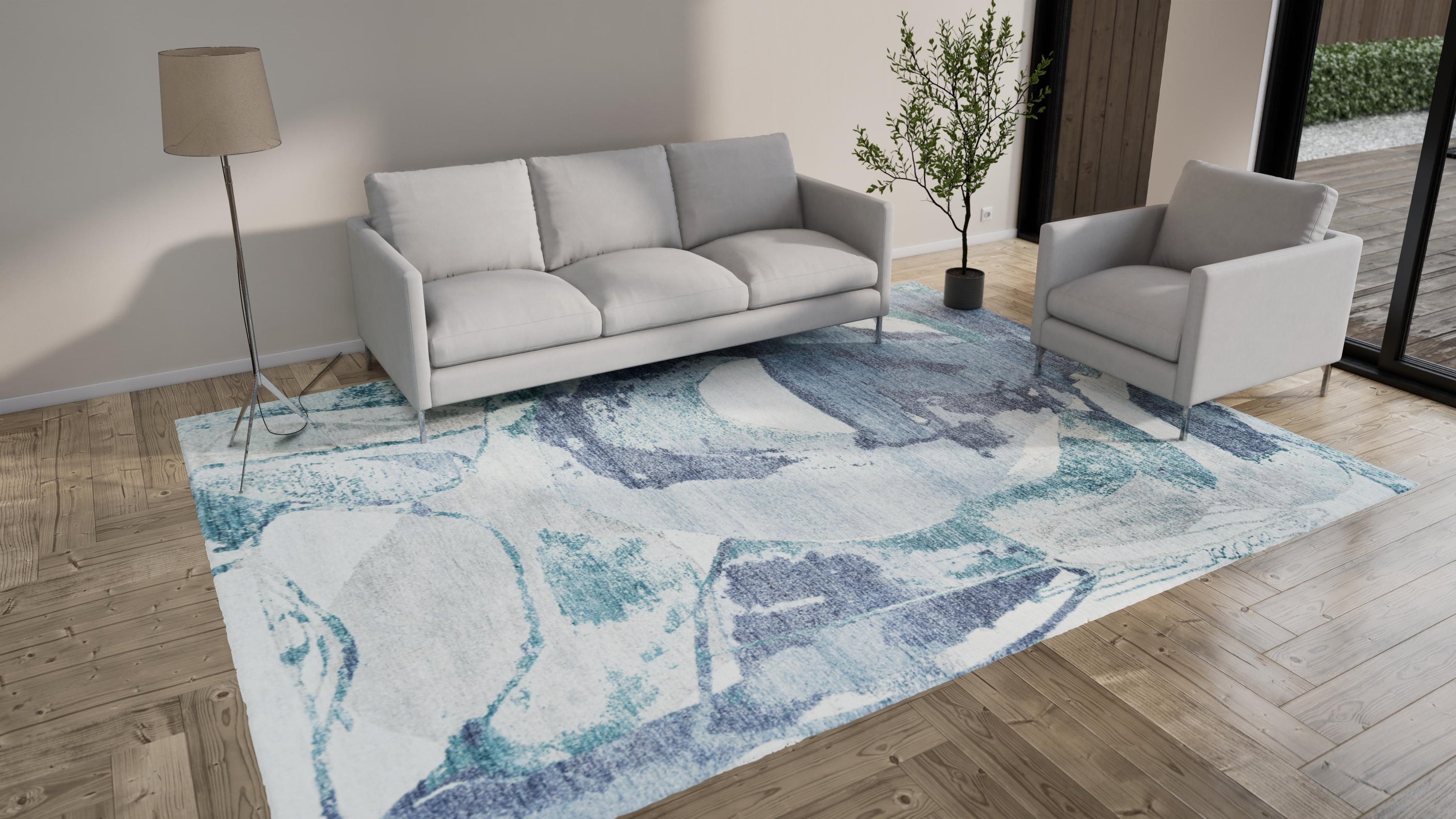 Blue Modern Wool Silk Blend Rug - 9'1" x 12'2"