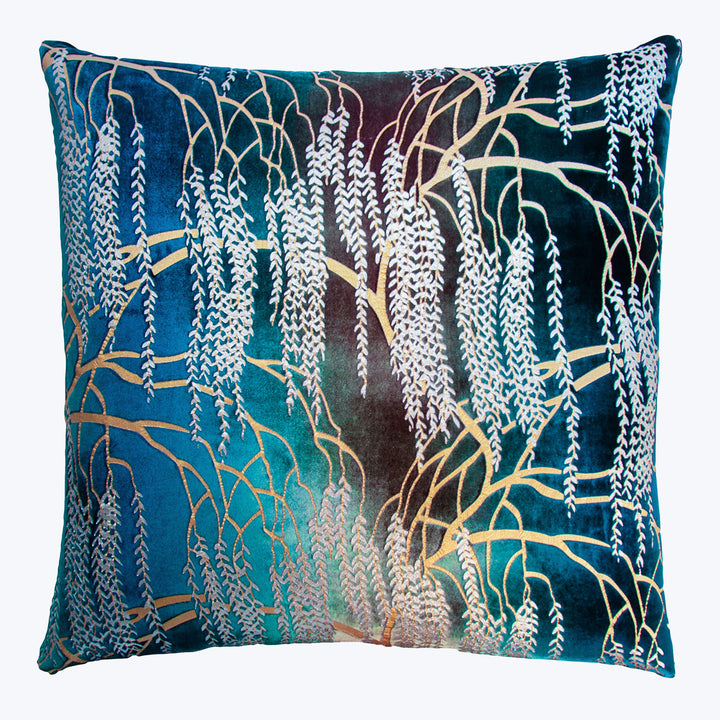 Metallic Willow Velvet Pillow, Peacock 22" x 22"