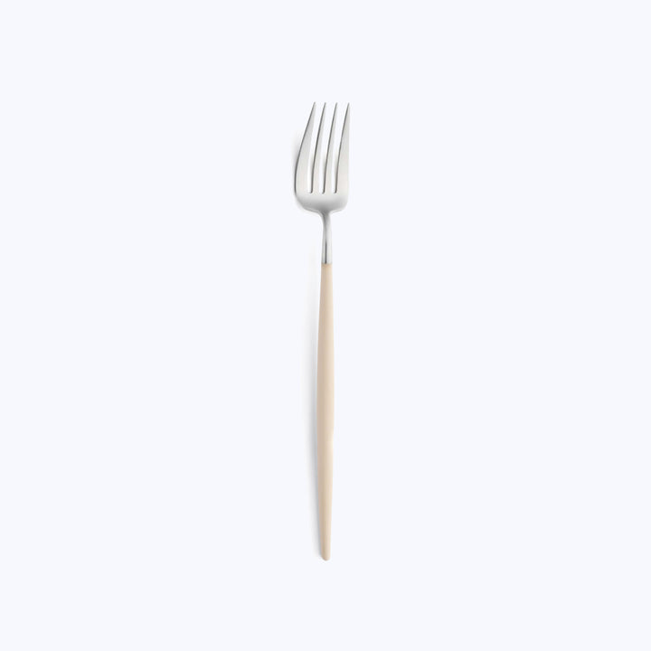 Simple fork with wooden handle against white background, four tines.