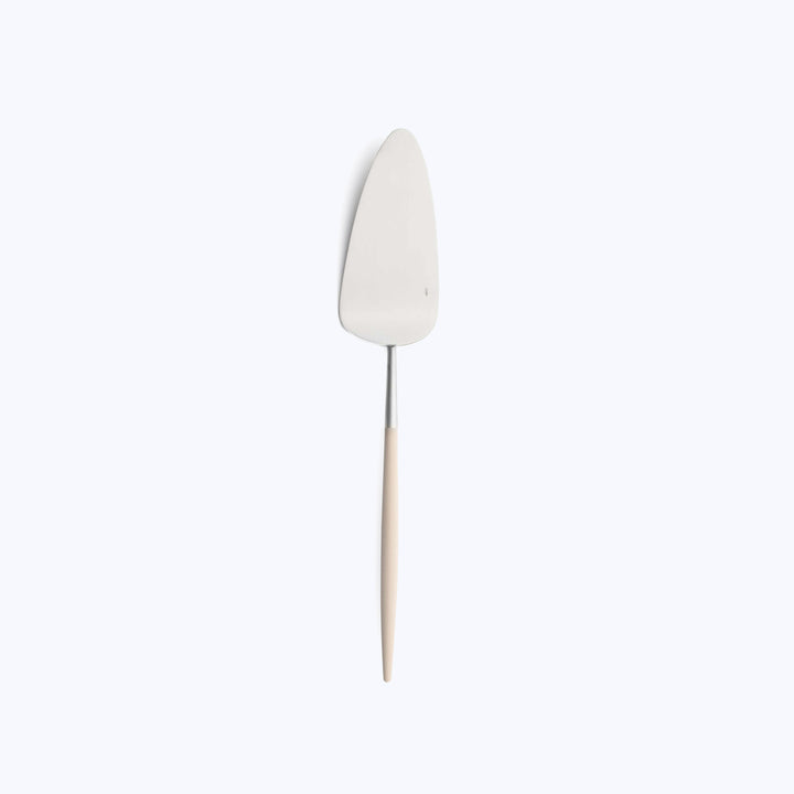 White garden trowel with wooden handle on solid background.
