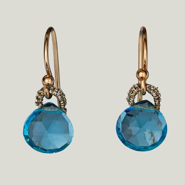 Woven Gold Cord and Swiss Blue Quartz Drop Small Earrings