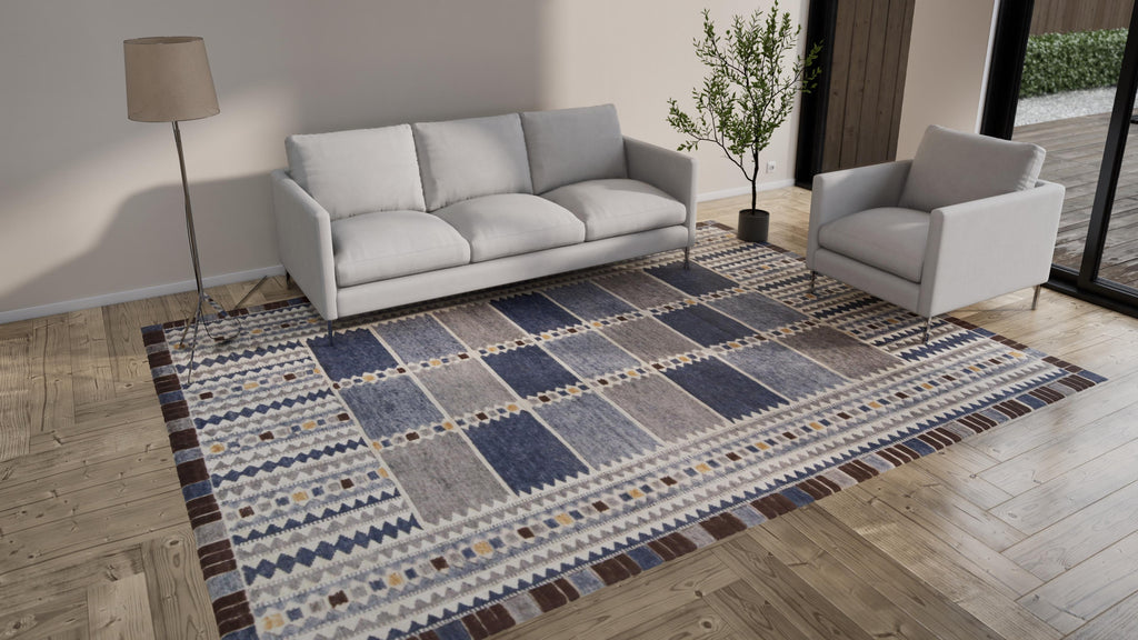 Blue Modern Wool Silk Blend Rug - 9'1" x 12'1"