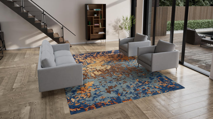 Blue & Gold Modern Wool Rug - 9'3" x 12'1"