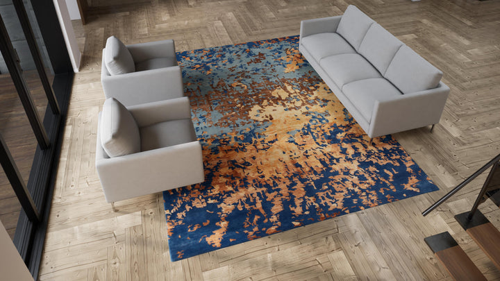 Blue & Gold Modern Wool Rug - 9'3" x 12'1"