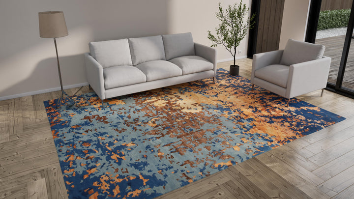 Blue & Gold Modern Wool Rug - 9'3" x 12'1"