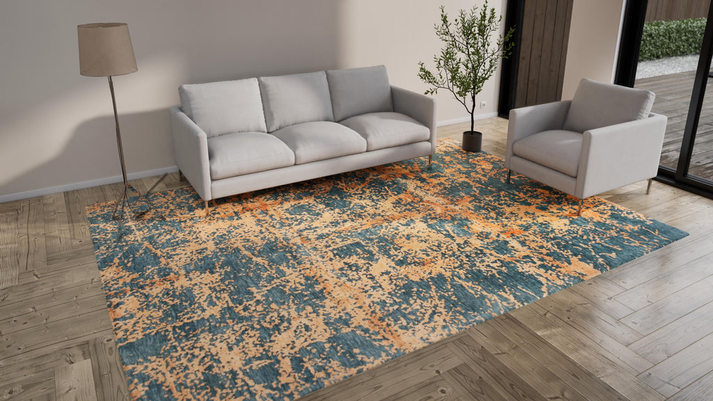 Blue & Orange Modern Wool Blend Rug - 9' x 12'3"