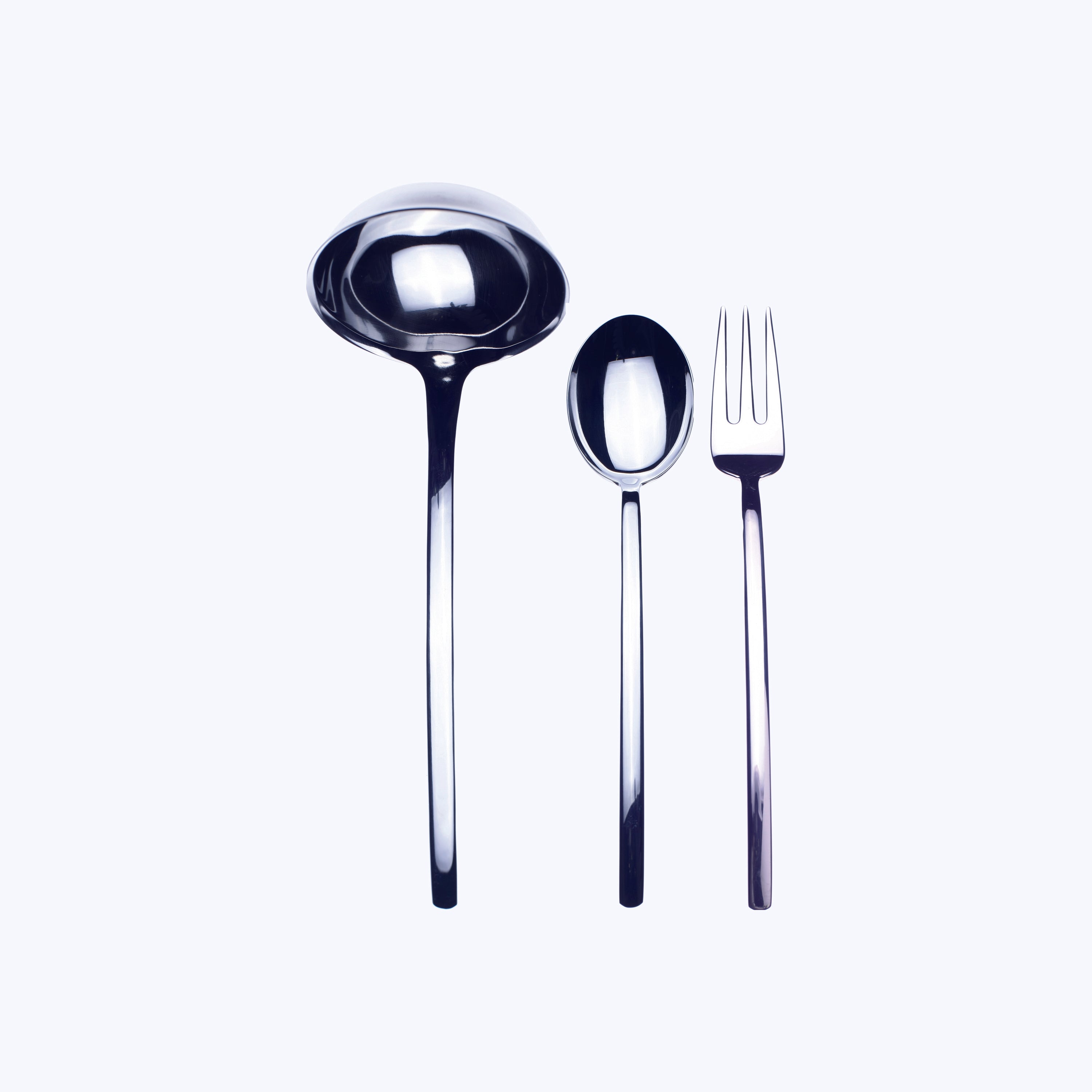 Due Serveware, Mirror Finish Stainless Steel / 3 Piece Serving Set (Fork, Spoon, Ladle)