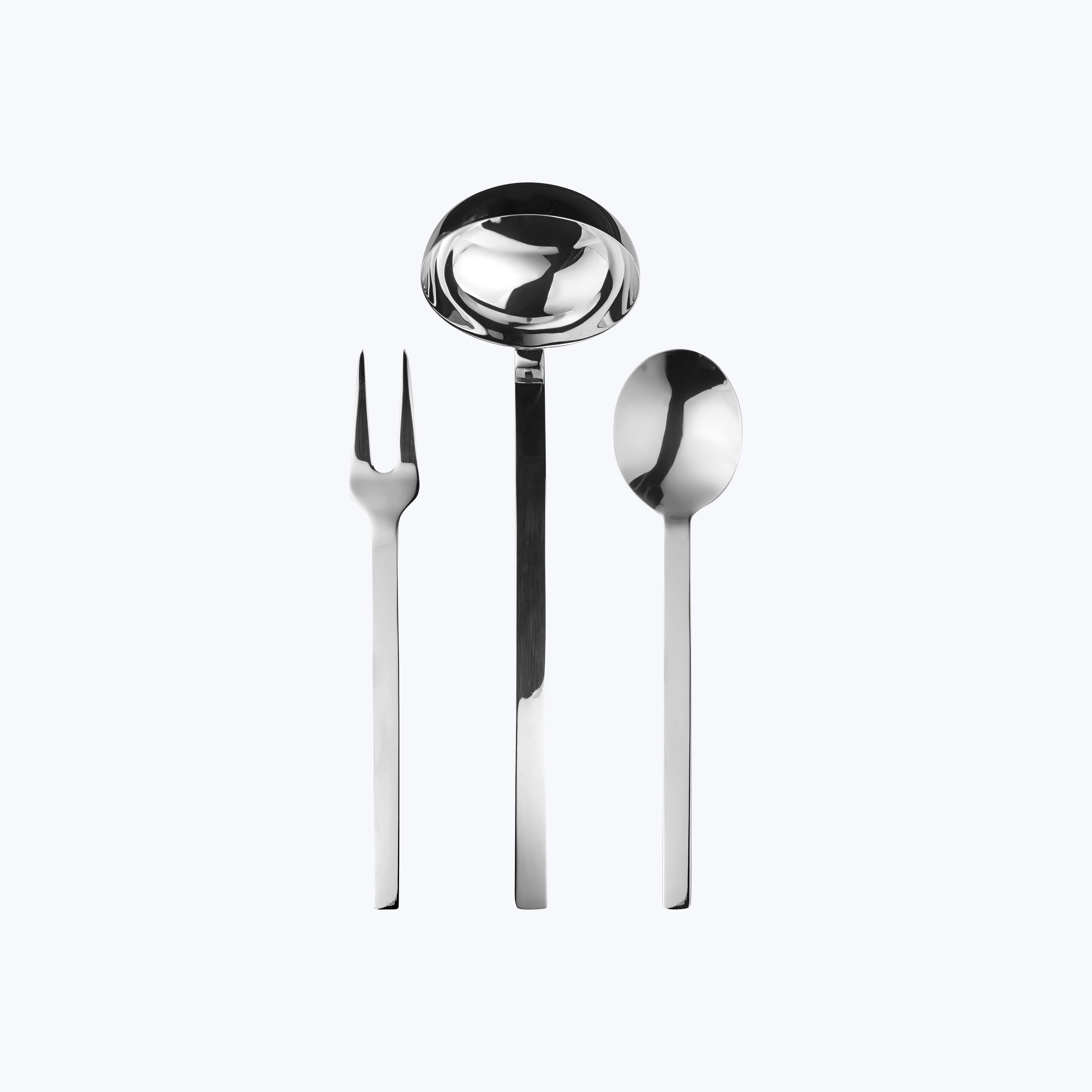 Stile Serveware, Mirror Finish Stainless Steel / 3 Piece Serving Set (Fork, Spoon, Ladle)