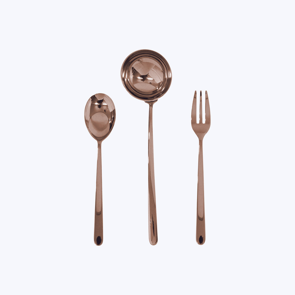 Linea Serveware, Mirror Finish Bronzo / 3 Piece Serving Set (Fork, Spoon, Ladle)