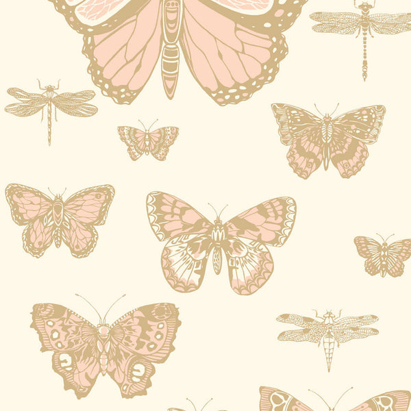 Butterflies & Dragonflies Wallpaper, 11 yard roll Pink on Ivory