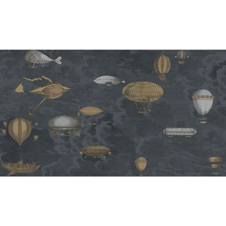 Vintage airships and balloons in steampunk style against dark background.