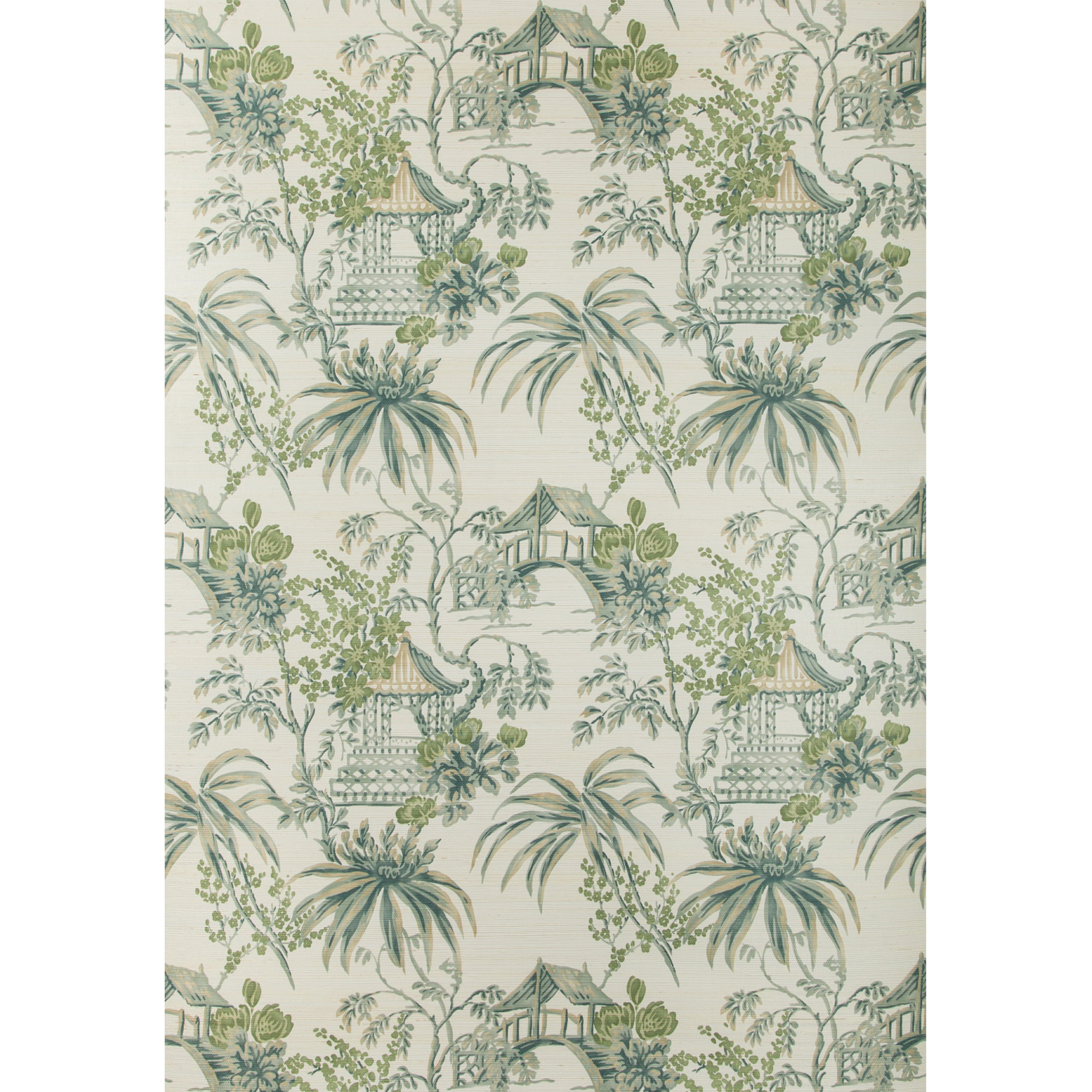 Pastoral and Oriental themed fabric pattern in shades of green.