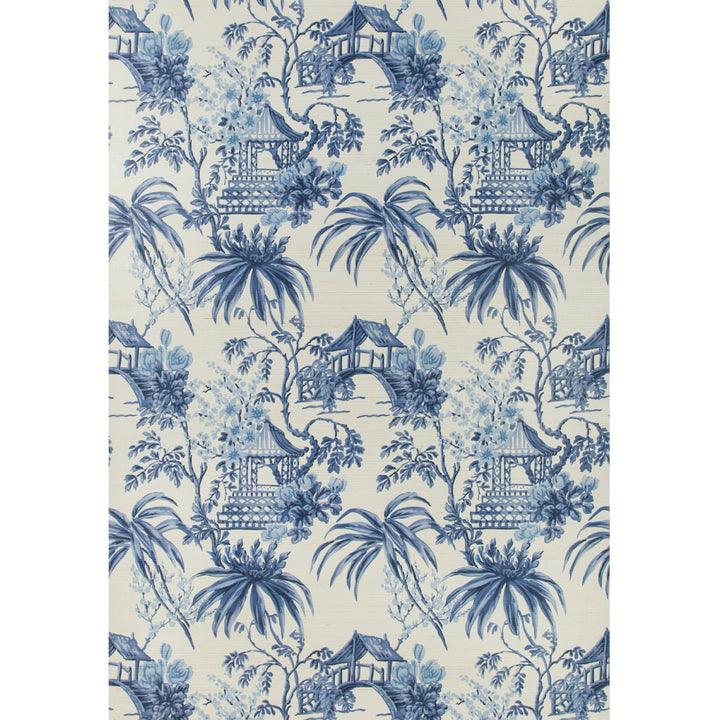 Blue and white toile pattern featuring Asian-inspired pastoral scene.