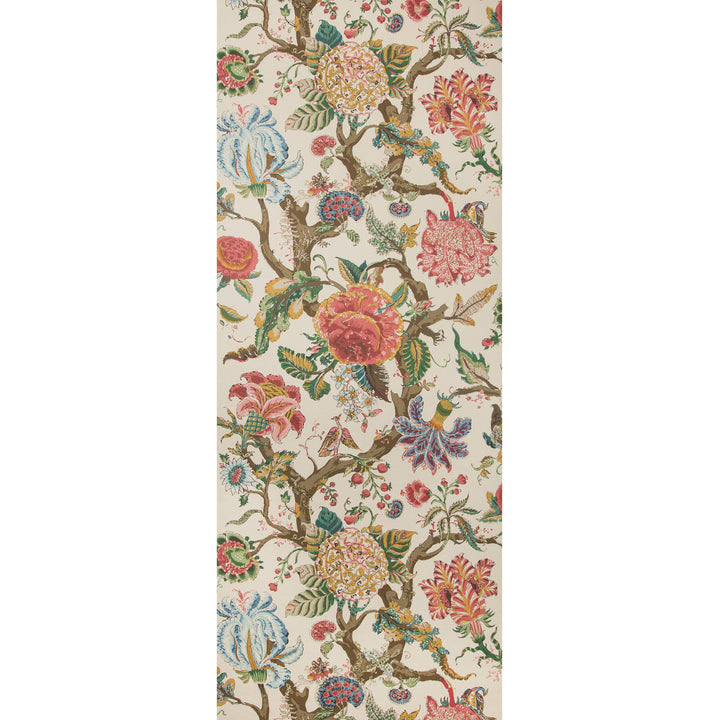 Vibrant floral pattern with intricate details in pink, blue, green.