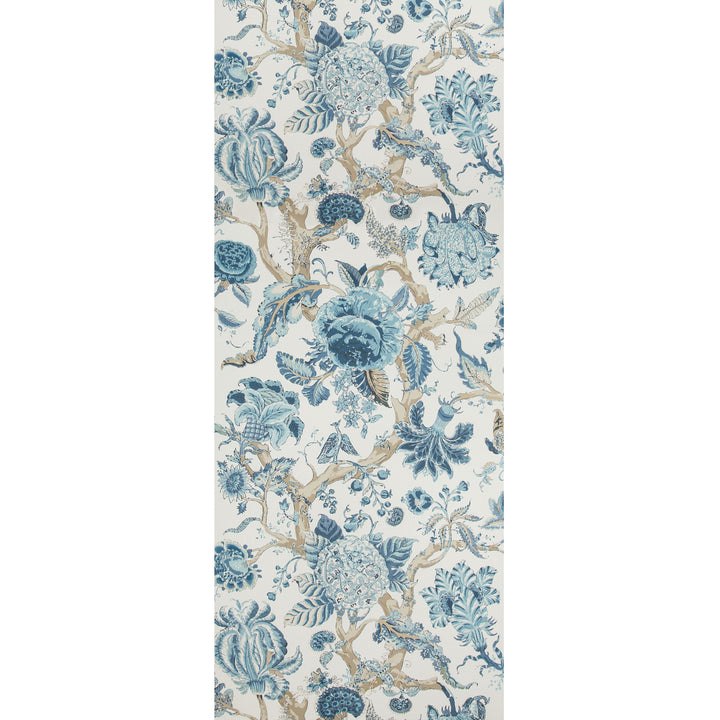 Vintage blue floral pattern wallpaper with intricate details on cream