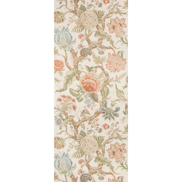 Vintage-style floral fabric with intricate botanical pattern in various colors.