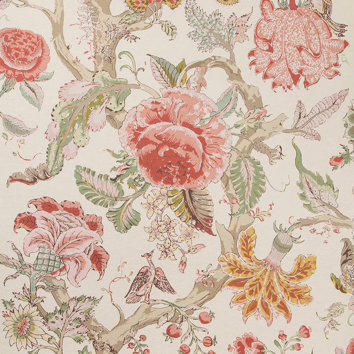 Vintage floral fabric pattern with intricate botanical elements and birds.