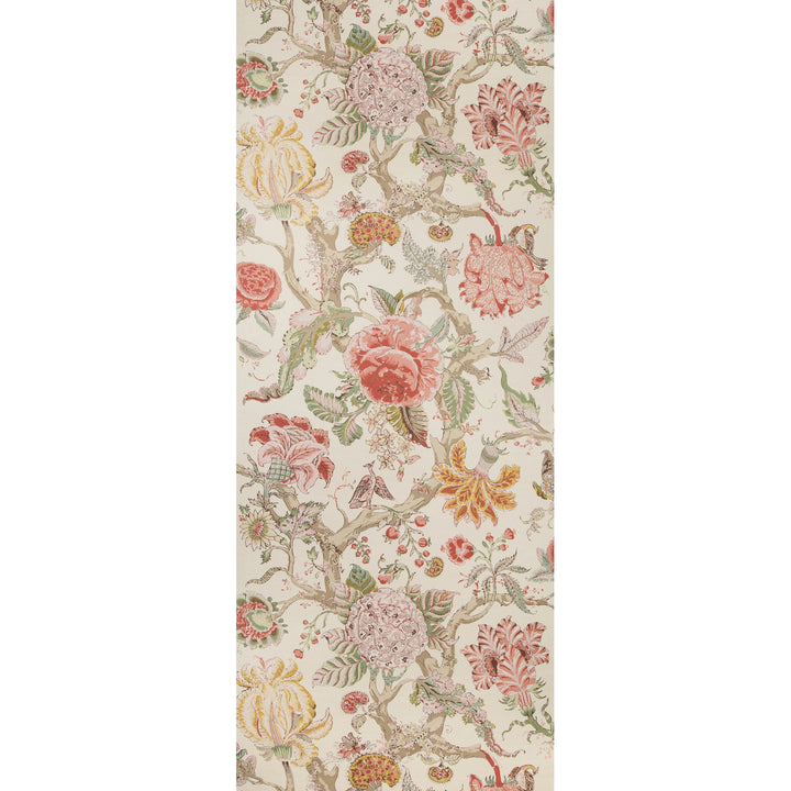 Detailed floral pattern with roses, chrysanthemums in vintage style fabric.