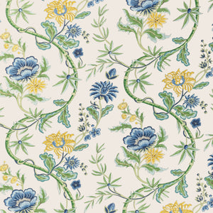 Seamless floral pattern with blue, yellow flowers and green foliage